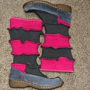 Pink and gray sweater boots